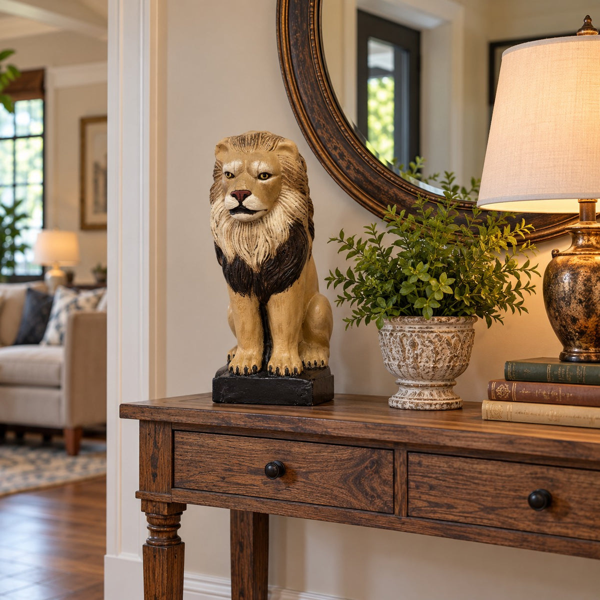 Cast aluminum lion statue with detailed mane, perfect for yard or home decor
