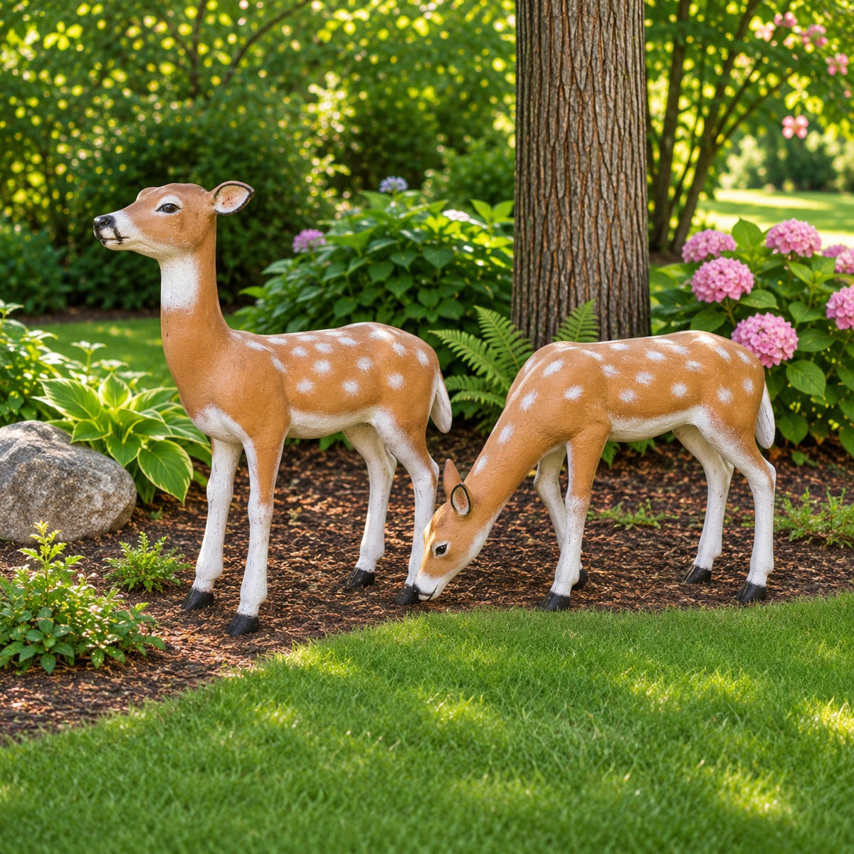 Cast aluminum smooth spotted fawns for yards and gardens.