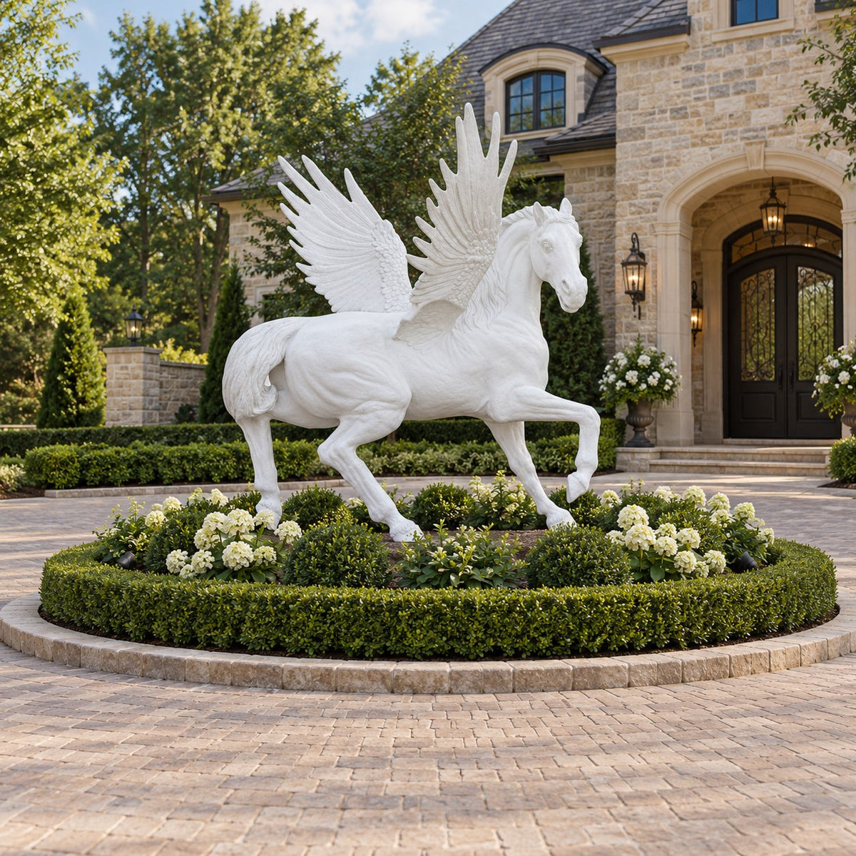 Cast aluminum stallion with wings for dramatic outdoor decor