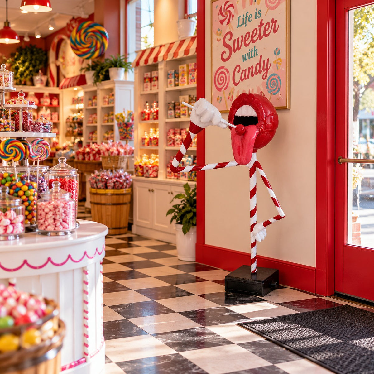 Candy cane-themed statue with red lips, tongue, and striped limbs, perfect for commercial or home decor.