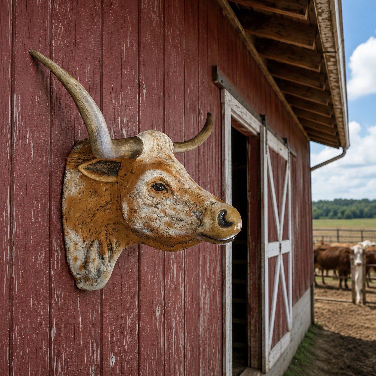 Cast aluminum Texas longhorn head wall mount with realistic paint features for indoor or outdoor use