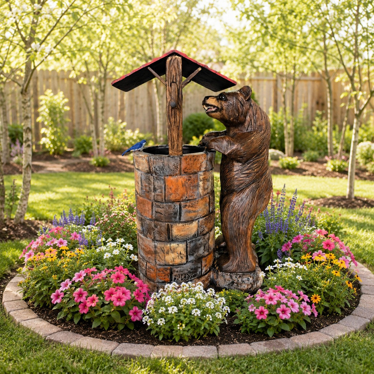 Cast aluminum wishing well with a 4-foot bear for gardens or flower beds