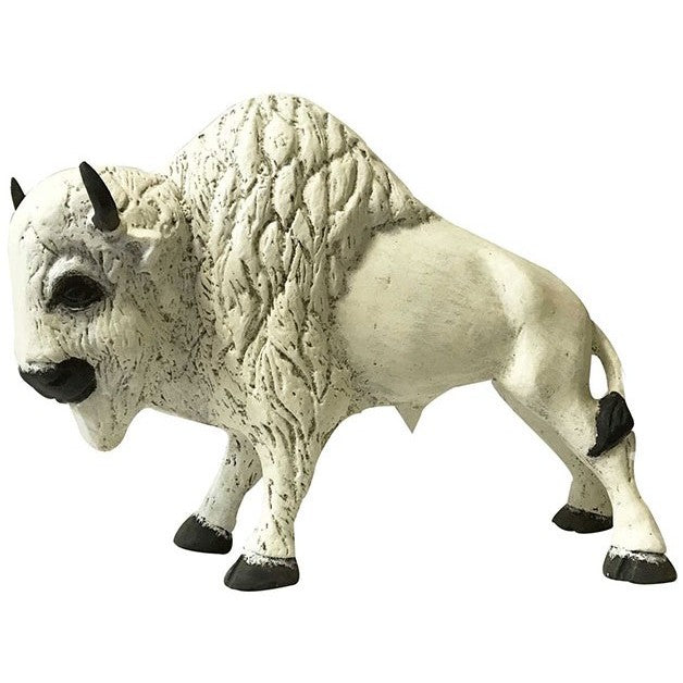 White cast aluminum bison statue for home decor, detailed texture, rustic finish