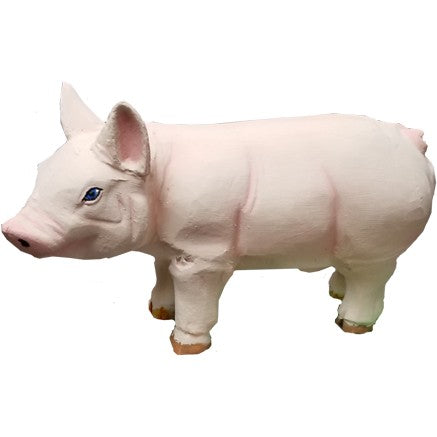 Cast aluminum pig statue for yard or home decor, pink with blue eyes, detailed craftsmanship