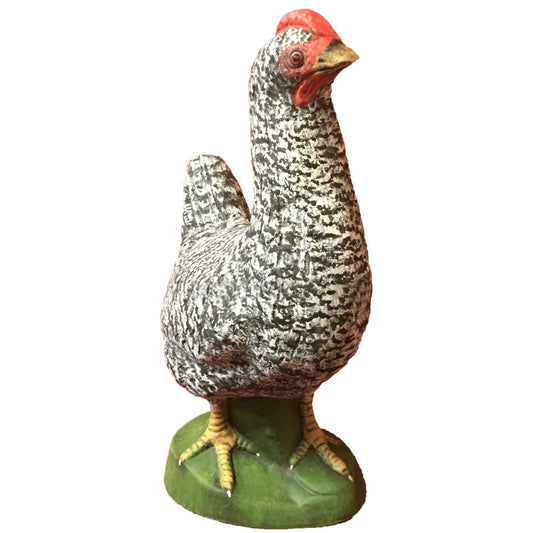 Cast aluminum chicken statue with speckled gray feathers, red comb, and green base for yard decor