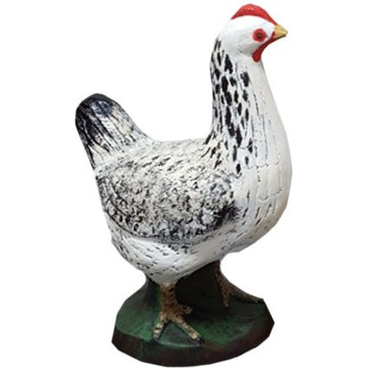 Cast aluminum chicken statue with black speckles, red comb, standing on green base for yard decor