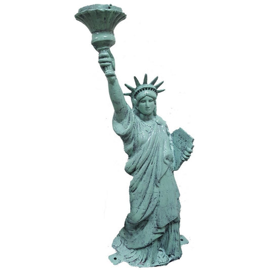 Cast aluminum Statue of Liberty garden decor with weathered green finish, ideal for yard or home accent.