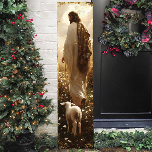 Jesus and lamb yard art decor with Christmas tree and wreath, outdoor holiday decoration