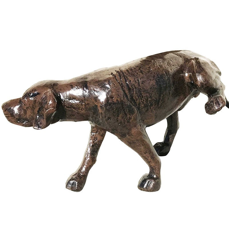 Cast aluminum dog statue for yard or home decor, rustic bronze finish, lifelike walking pose