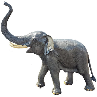Cast aluminum elephant statue with raised trunk, ideal for yard or home decor
