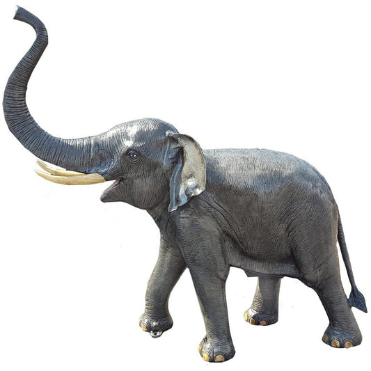 Cast aluminum elephant statue with raised trunk, ideal for yard or home decor