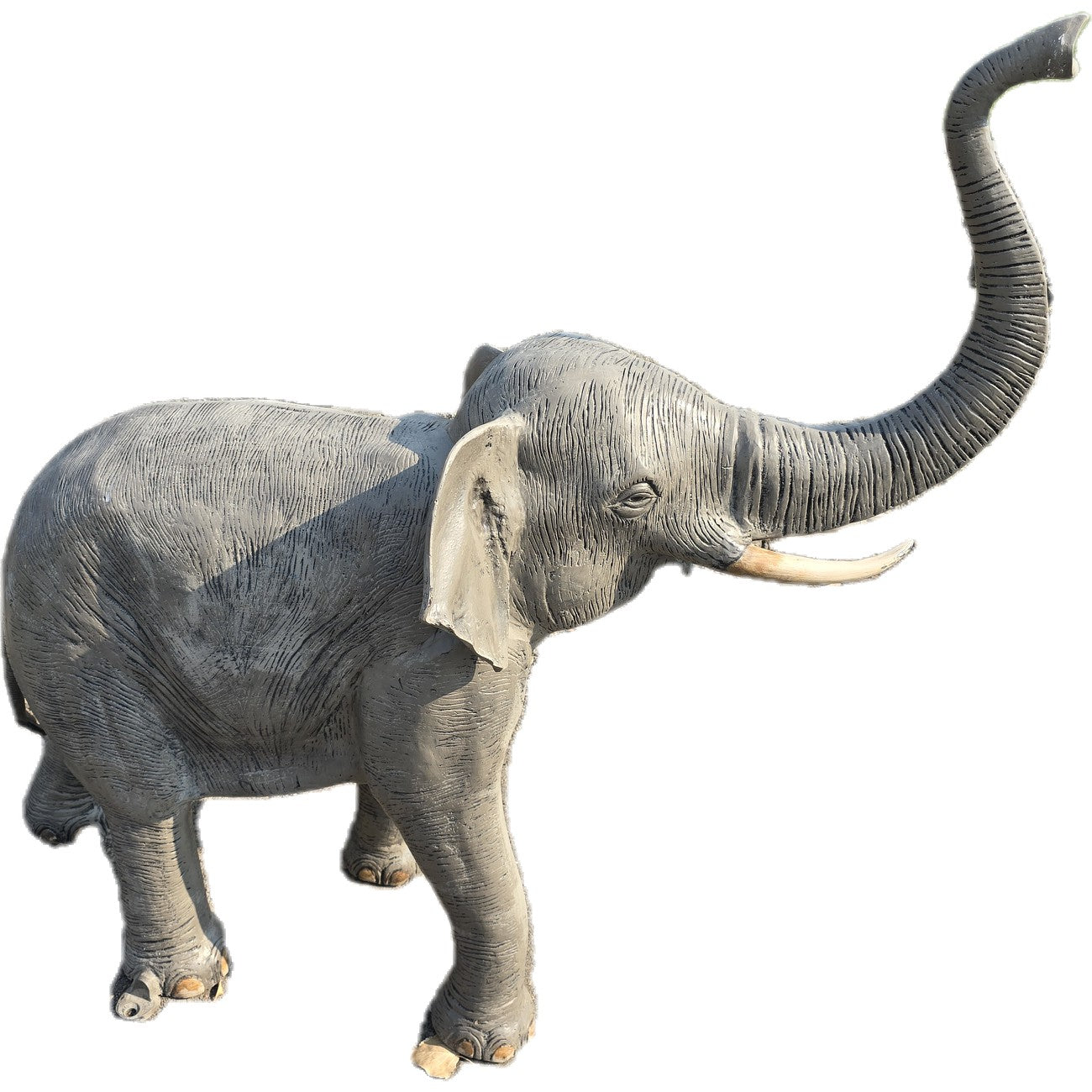 Cast aluminum elephant statue with raised trunk for yard or home decor