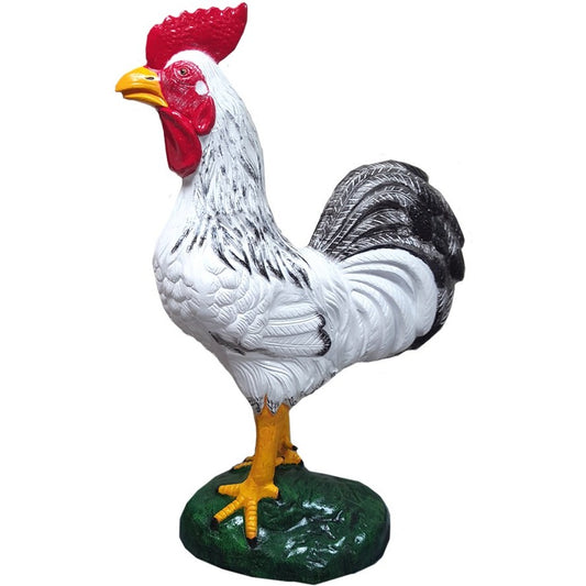 Cast aluminum rooster statue with red comb, white feathers, black tail, and green base for yard decor