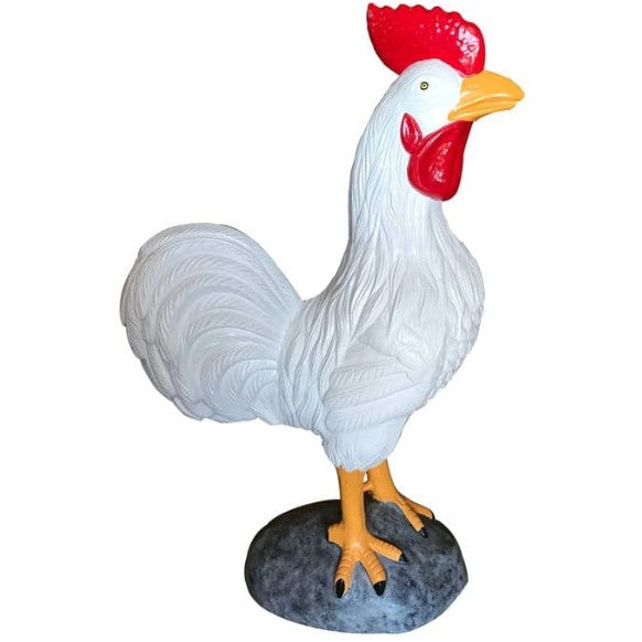 White cast aluminum rooster statue with red comb, perfect for yard or garden decor