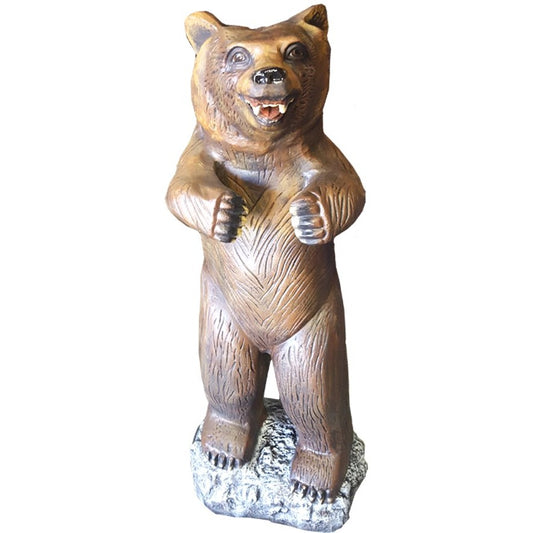 Cast aluminum bear statue for yard decor, standing upright with detailed fur texture and rocky base