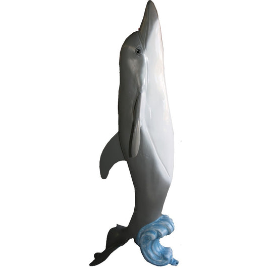 Cast aluminum dolphin statue with blue wave base for yard or home decor