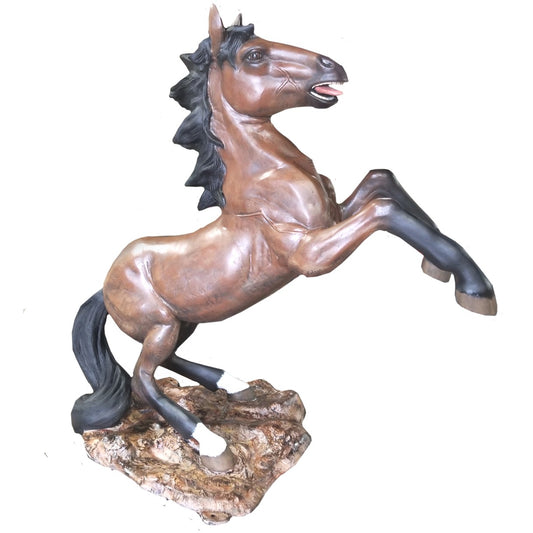 Cast aluminum rearing horse statue with black mane, tail, and hooves, perfect for yard or home decor.