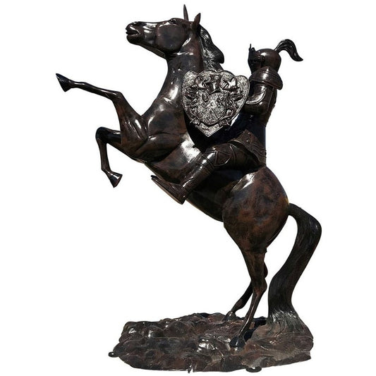 Cast aluminum knight on rearing horse statue with shield, outdoor yard decor