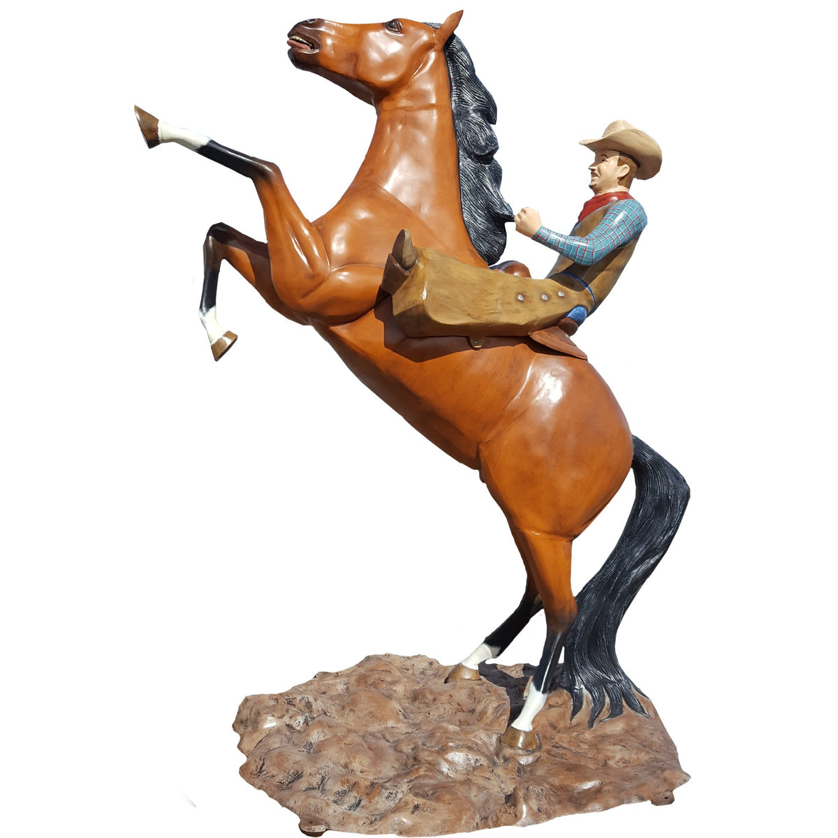 Full size cast aluminum rearing horse with rider for any commercial or residential outdoor decor space.