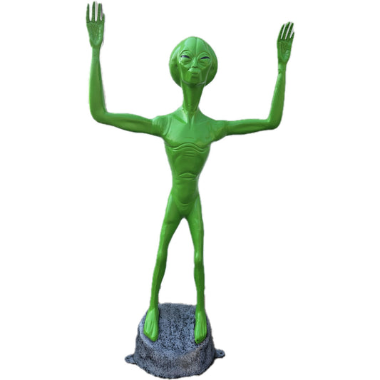Green alien statue with raised hands, cast aluminum yard decor for outdoor spaces
