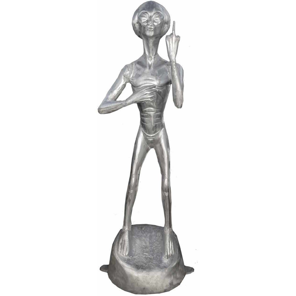 Cast aluminum alien statue with flipping finger and can holder.