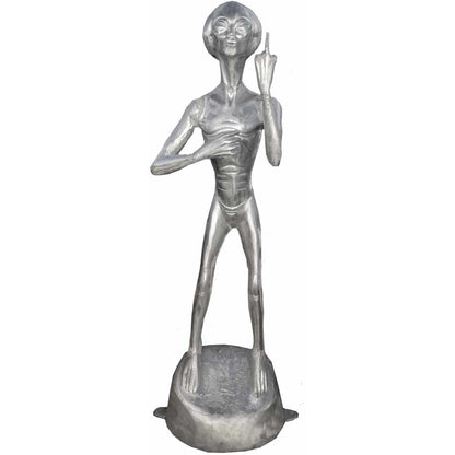 Cast aluminum alien statue with flipping finger and can holder.