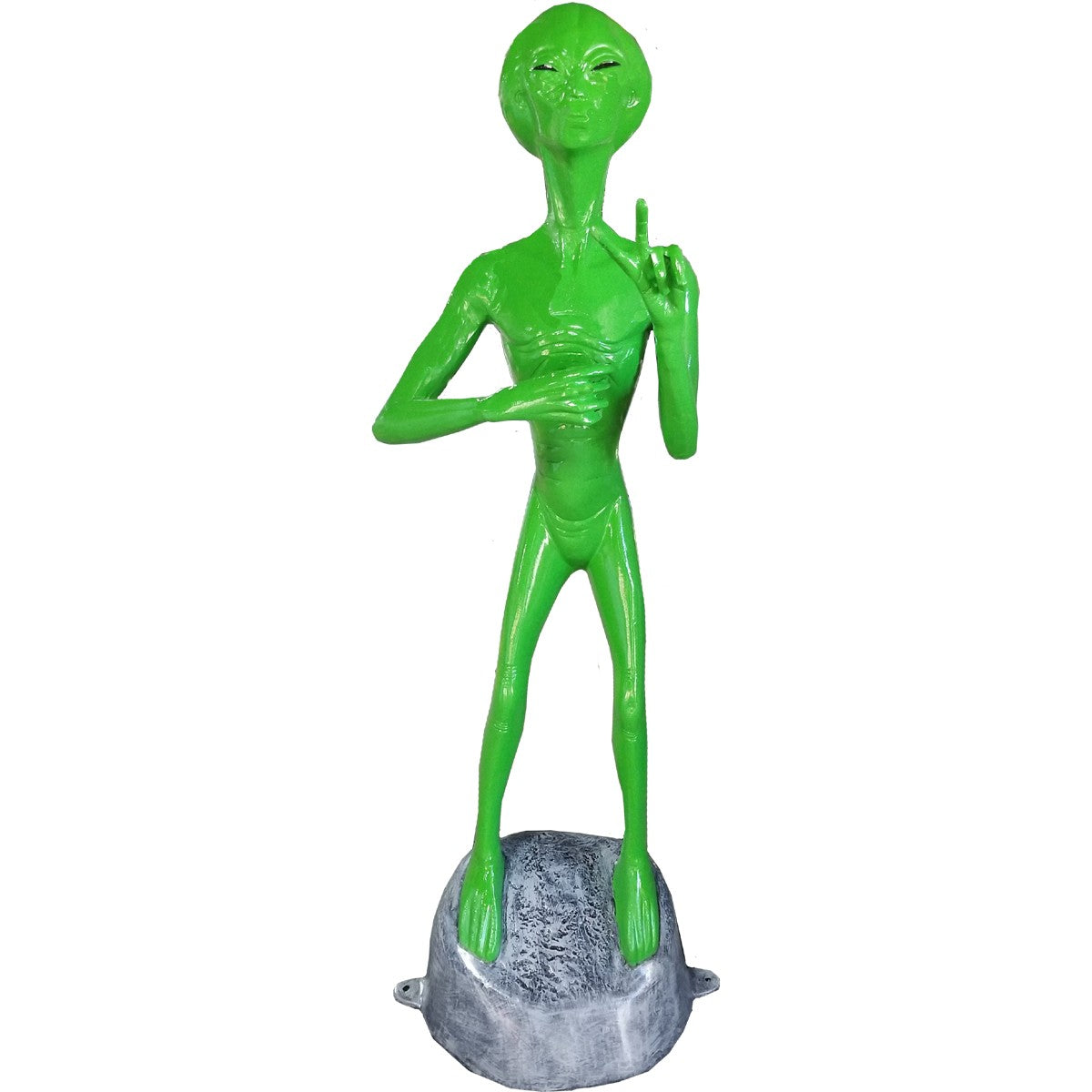 Cast aluminum alien statue with can holder and peace sign.