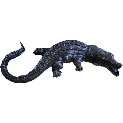 Black cast aluminum alligator statue for yard or home decor, detailed scales and open mouth design