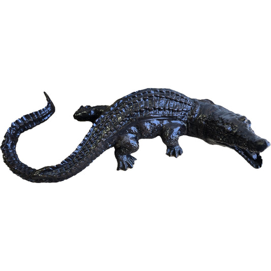 Black cast aluminum alligator statue for yard or home decor, detailed scales and open mouth design