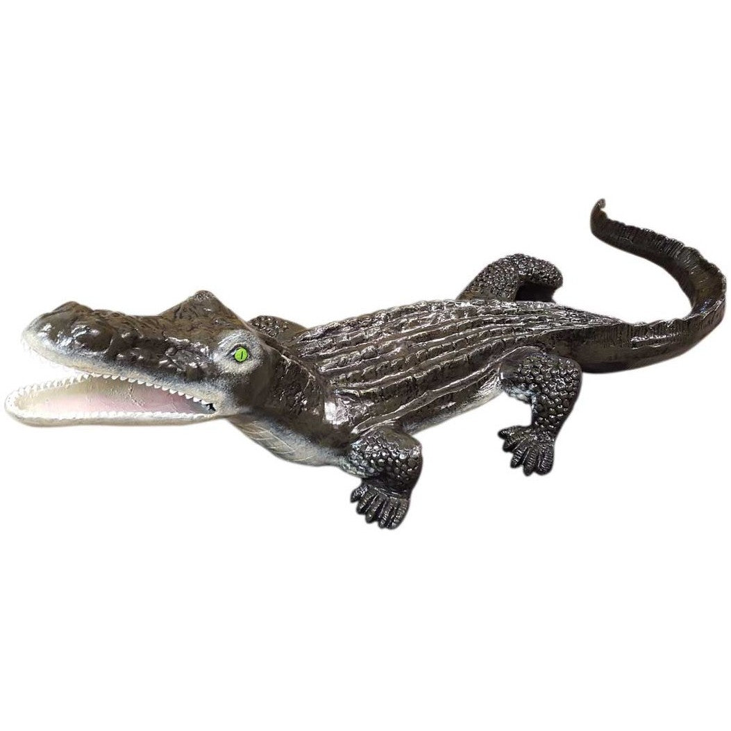 Cast aluminum alligator statue with open mouth and green eyes for yard or home decor