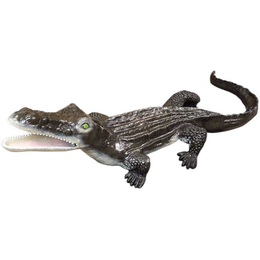 Cast aluminum alligator statue with open mouth and green eyes for yard or home decor