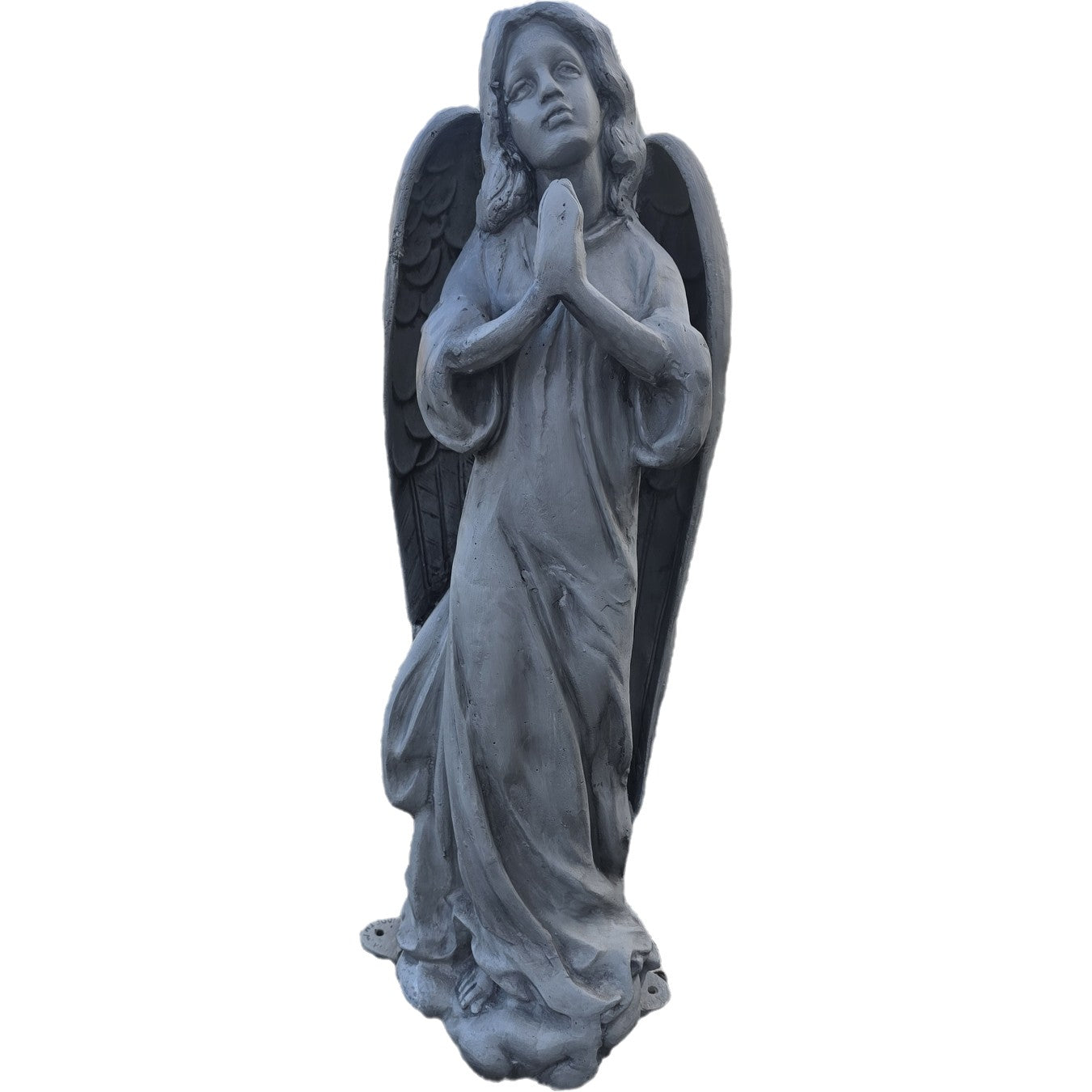 Cast aluminum angel statue with praying hands and wings, ideal for garden or yard decor