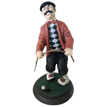 Cast aluminum golfer statue with mustache, red jacket, holding club on green base