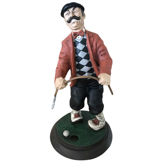 Cast aluminum golfer statue with mustache, red jacket, holding club on green base