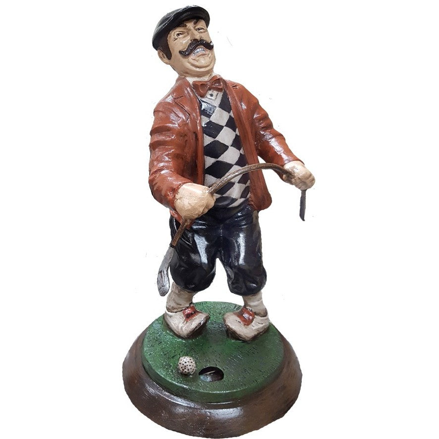 Cast aluminum golfer statue with mustache, holding club, on green base for yard decor