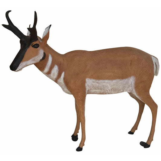 Cast aluminum pronghorn antelope statue for yard or garden decor, featuring detailed brown and white finish.