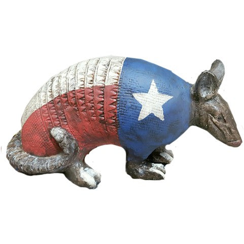Cast aluminum armadillo statue with Texas flag design, perfect for backyard or yard decor