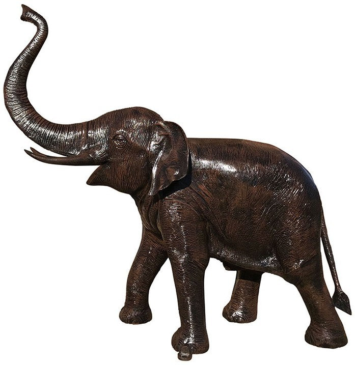 Cast aluminum elephant statue with raised trunk, ideal for yard or home decor