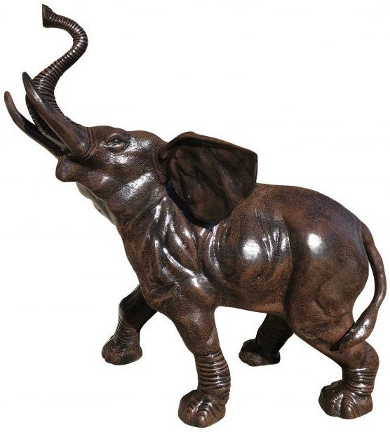 Cast aluminum elephant statue with raised trunk, ideal for backyard or garden decor