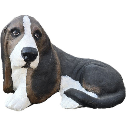 Cast aluminum Basset Hound statue for yard or home decor, lifelike design with brown and white finish
