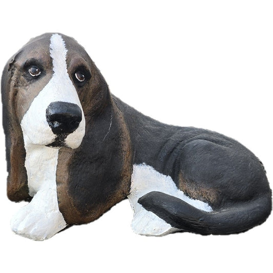 Cast aluminum Basset Hound statue for yard or home decor, lifelike design with brown and white finish