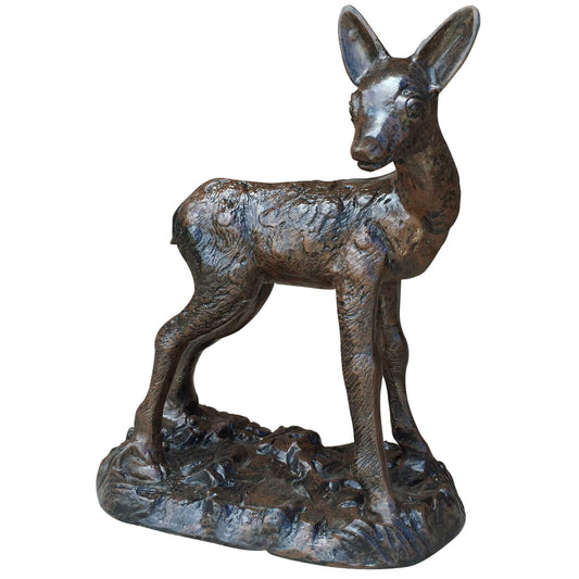 Cast aluminum fawn statue for garden or yard decor, detailed bronze finish with textured base