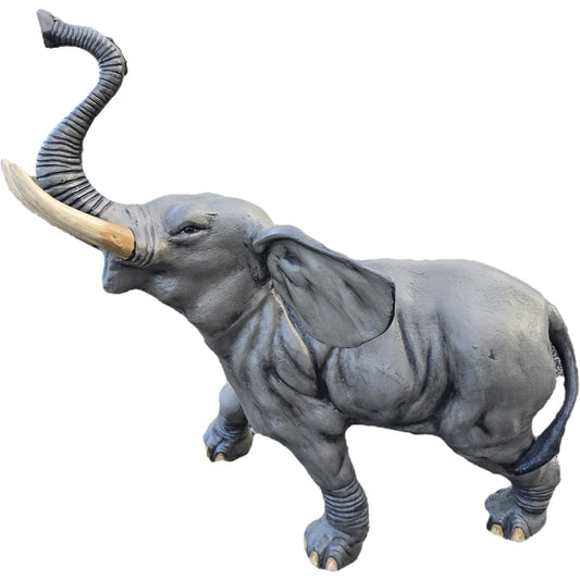 Cast aluminum elephant statue with raised trunk, ideal for yard or home decor