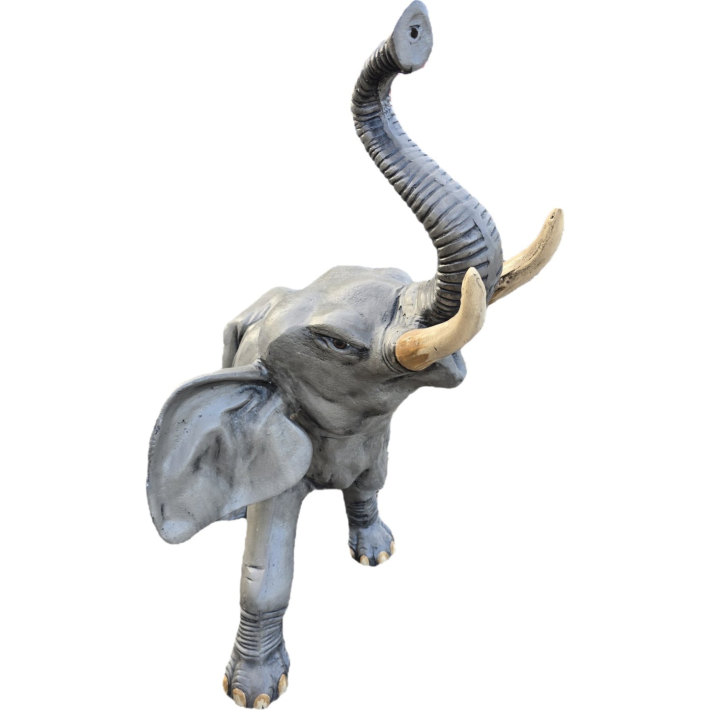 Cast aluminum elephant statue with raised trunk, perfect for yard or home decor