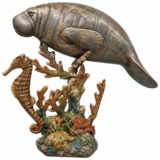 Cast aluminum manatee and seahorse on coral reef statue to indoor decor spaces