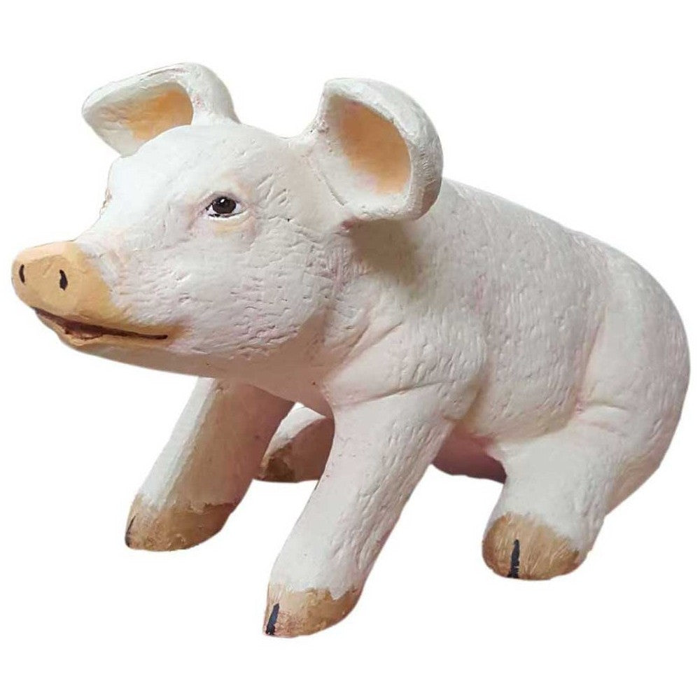 White cast aluminum pig statue for garden or yard decor, cute farm animal sculpture