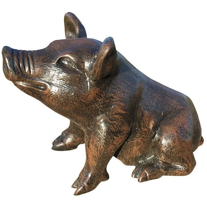 Cast aluminum pig statue for garden or yard decor, rustic bronze finish
