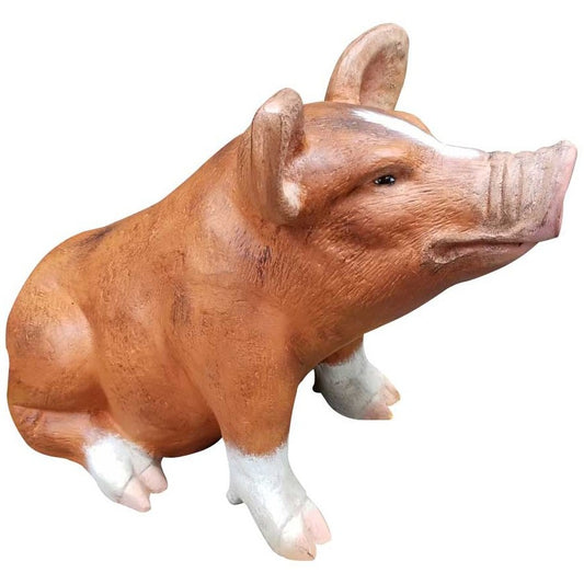 Cast aluminum pig statue with brown and white finish for garden or yard decor