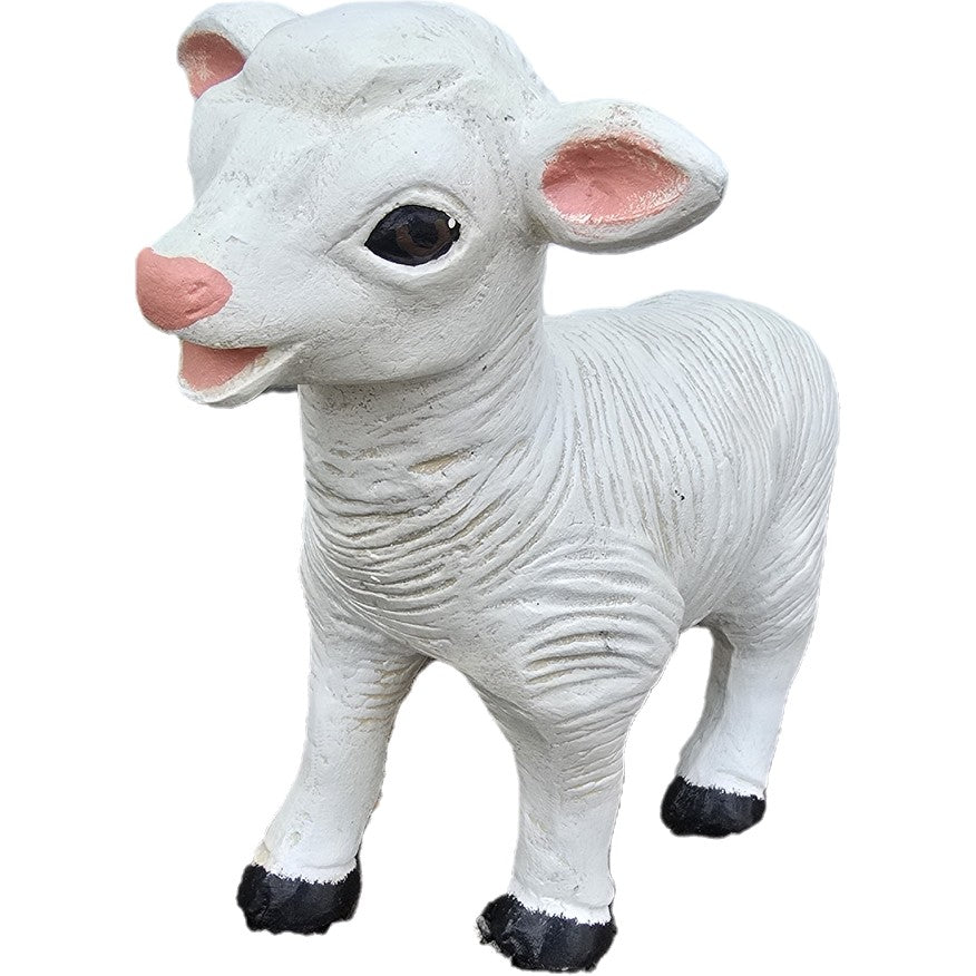 Adorable white cast aluminum lamb statue with pink ears and nose, perfect for garden or yard decor.