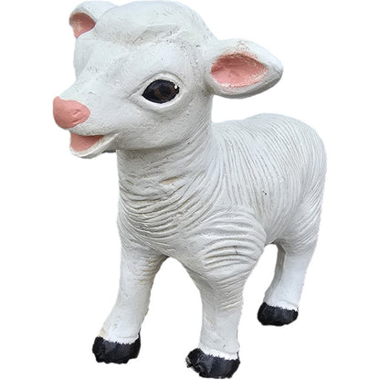 Adorable white cast aluminum lamb statue with pink ears and nose, perfect for garden or yard decor.